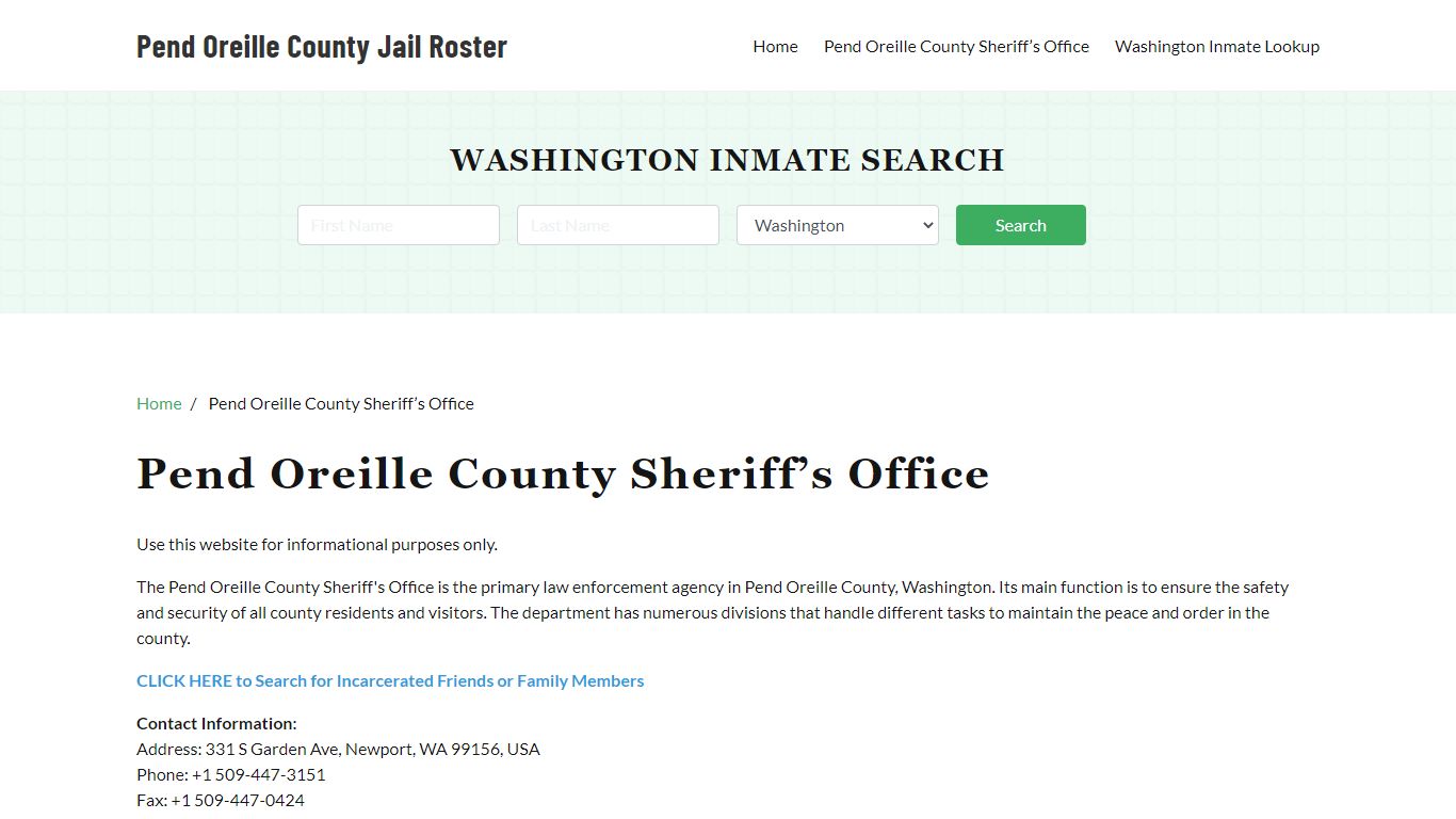 Pend Oreille County Sheriff Office, WA, Arrest Warrants Search