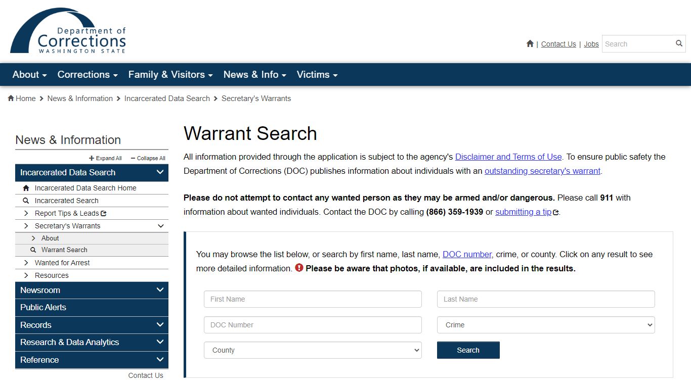 Warrant Search - Washington State Department of Corrections